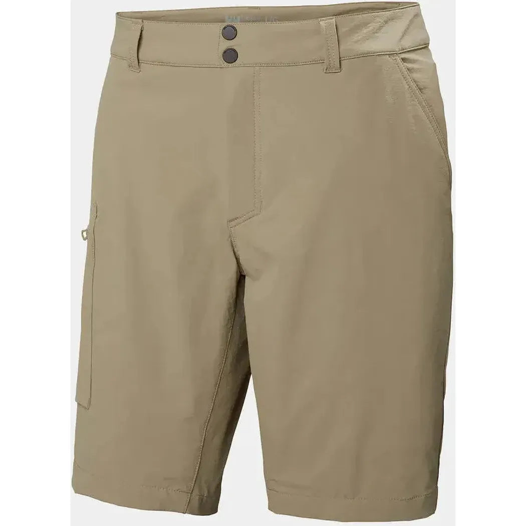 Side view of the Helly Hansen Men's Brono Softshell Shorts in Pebble showing the cargo pocket and button closure against a white background.