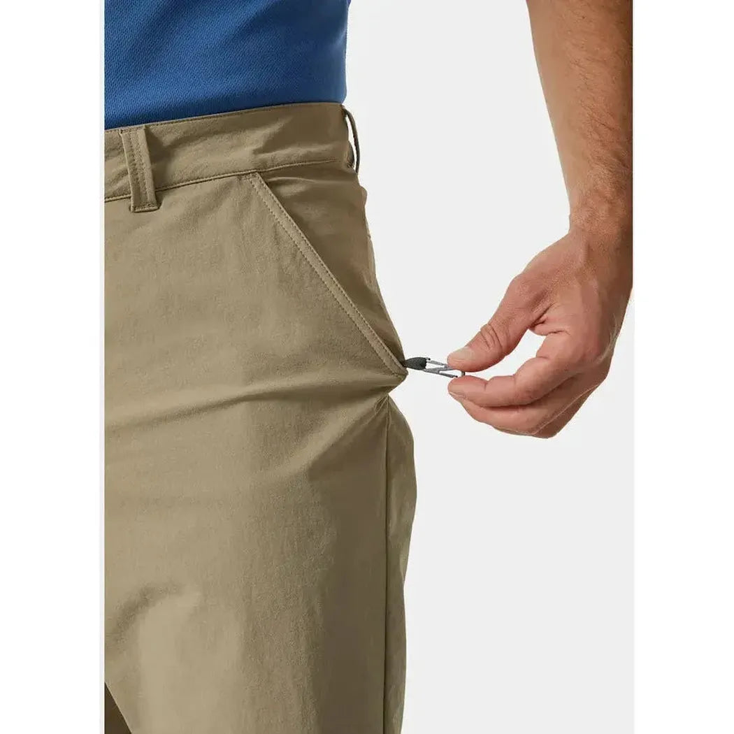 Side view of the Helly Hansen Men's Brono Softshell Shorts in Pebble showing the drawstring pocket against a white background.