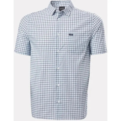 A front view of the Helly Hansen Men's Fjord Quick-Dry Short Sleeve Shirt 2.0 in White showing the plaid pattern and chest logo against a plain background.