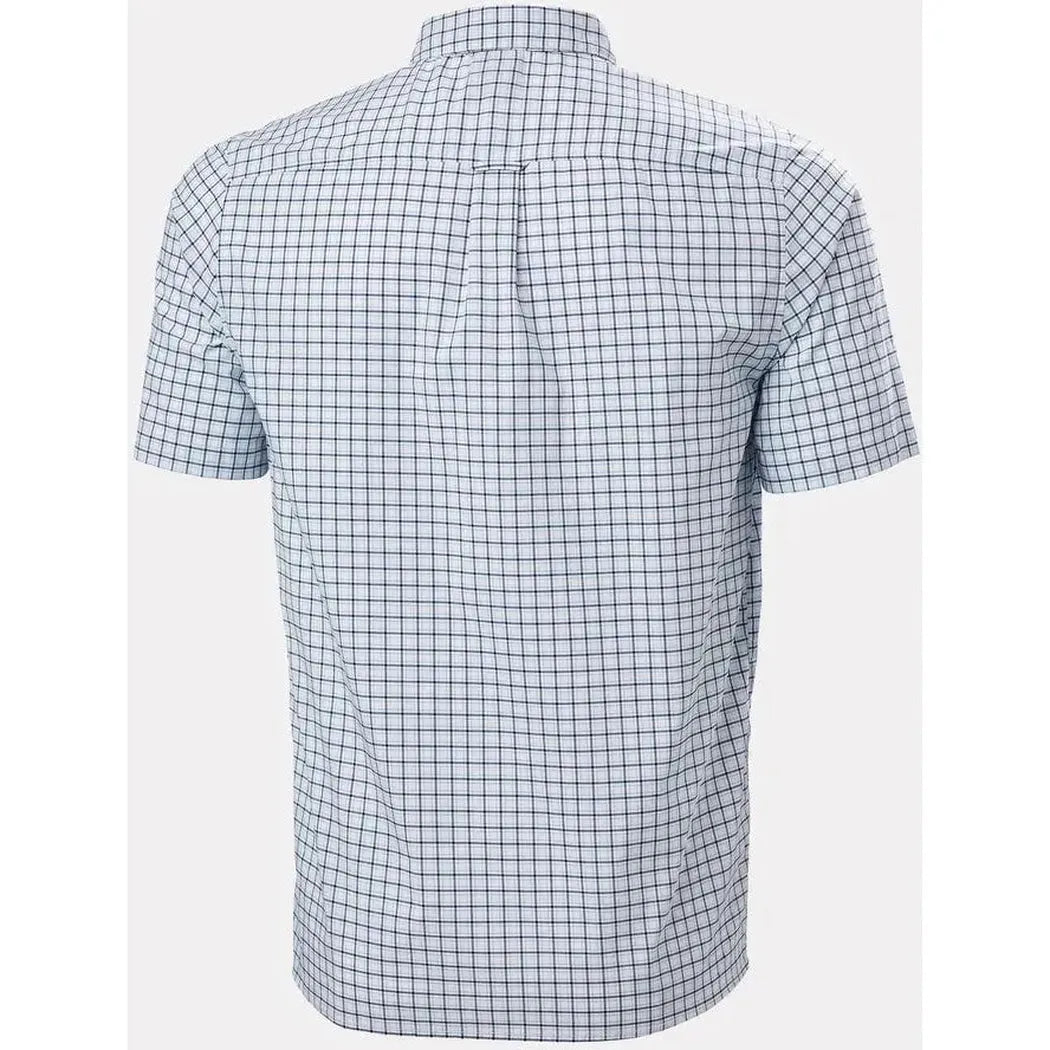 Back view of the Helly Hansen Men's Fjord Quick-Dry Short Sleeve Shirt 2.0 in White showing the plaid pattern against a plain background.