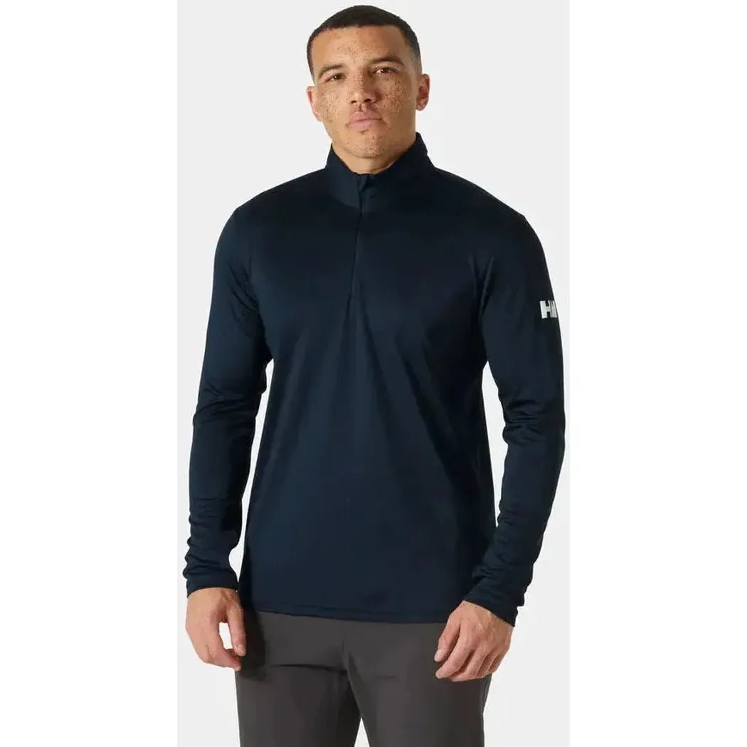 A front view of the Helly Hansen Men's HH Tech Half-Zip 2.0 in Navy, showing the half-zip collar and a model wearing it against a plain white background.