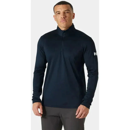 A front view of the Helly Hansen Men's HH Tech Half-Zip 2.0 in Navy, showing the half-zip collar and a model wearing it against a plain white background.
