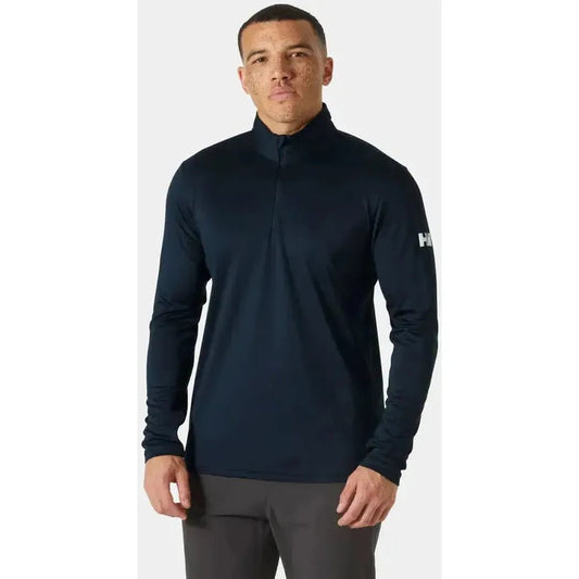 A front view of the Helly Hansen Men's HH Tech Half-Zip 2.0 in Navy, showing the half-zip collar and a model wearing it against a plain white background.