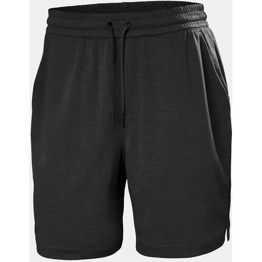 Side view of the Helly Hansen Men's LIFA Tech Lite Shorts in Black showing the drawstring waist and elastic waistband against a white background.