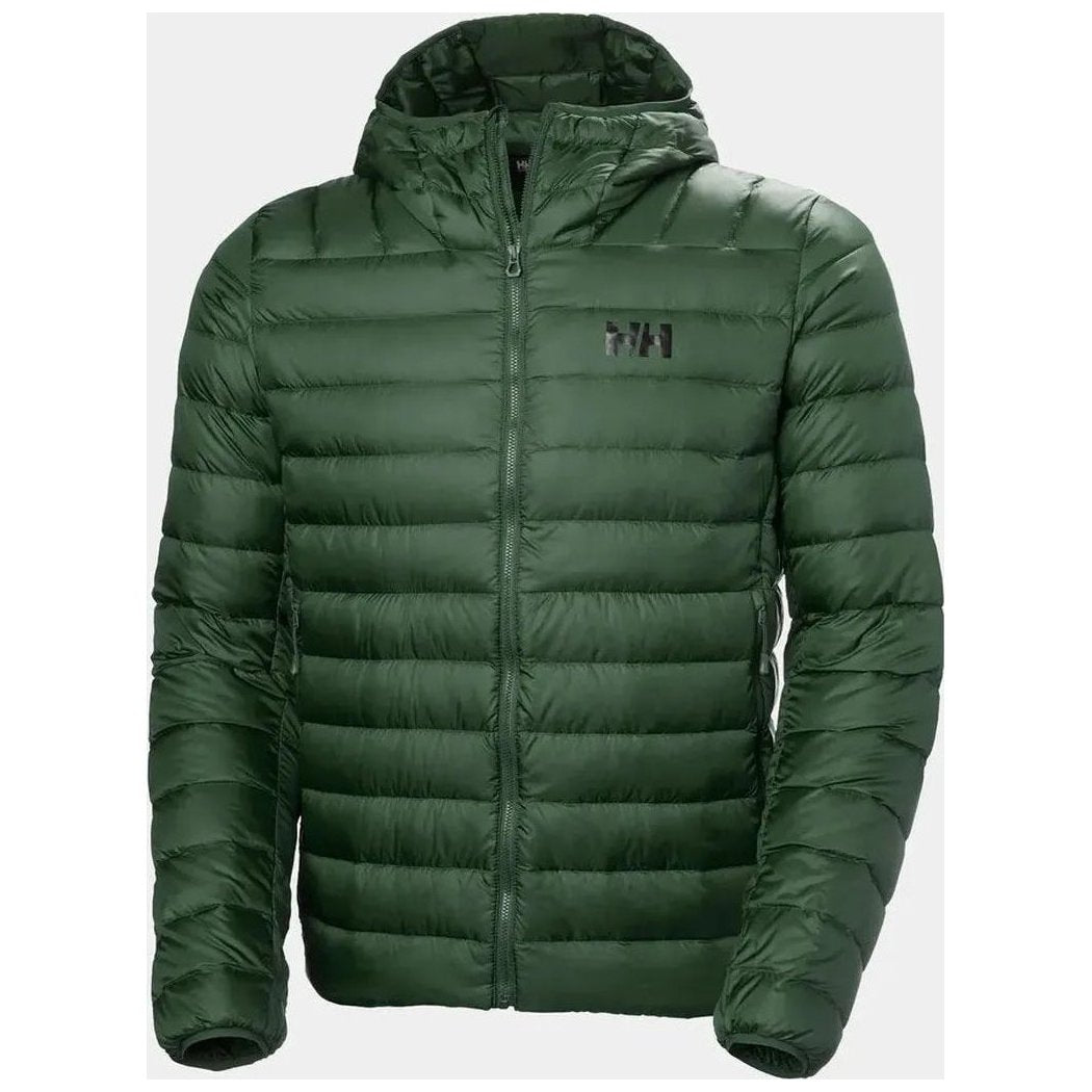 Helly Hansen Men's Verglas Hooded Down Jacket 2.0 in Jungle Green with a front zipper and hood, photographed against a plain white background.