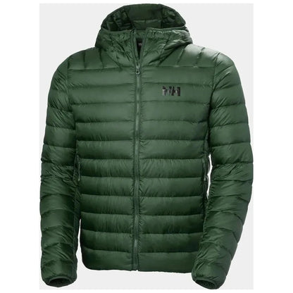 Helly Hansen Men's Verglas Hooded Down Jacket 2.0 in Jungle Green with a front zipper and hood, photographed against a plain white background.