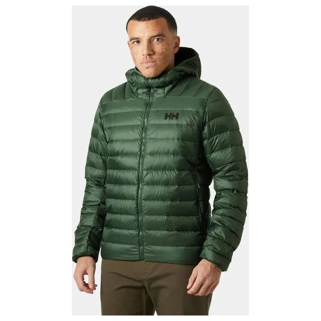 A front view of the Helly Hansen Men's Verglas Hooded Down Jacket 2.0 in Jungle Green on a model against a white background.