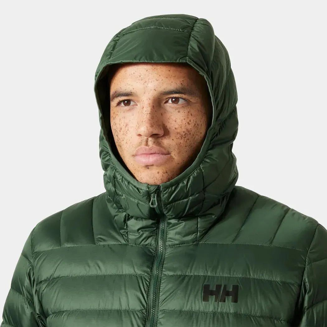 A front view of the Helly Hansen Men's Verglas Hooded Down Jacket 2.0 in Jungle Green with the hood up against a plain white background.