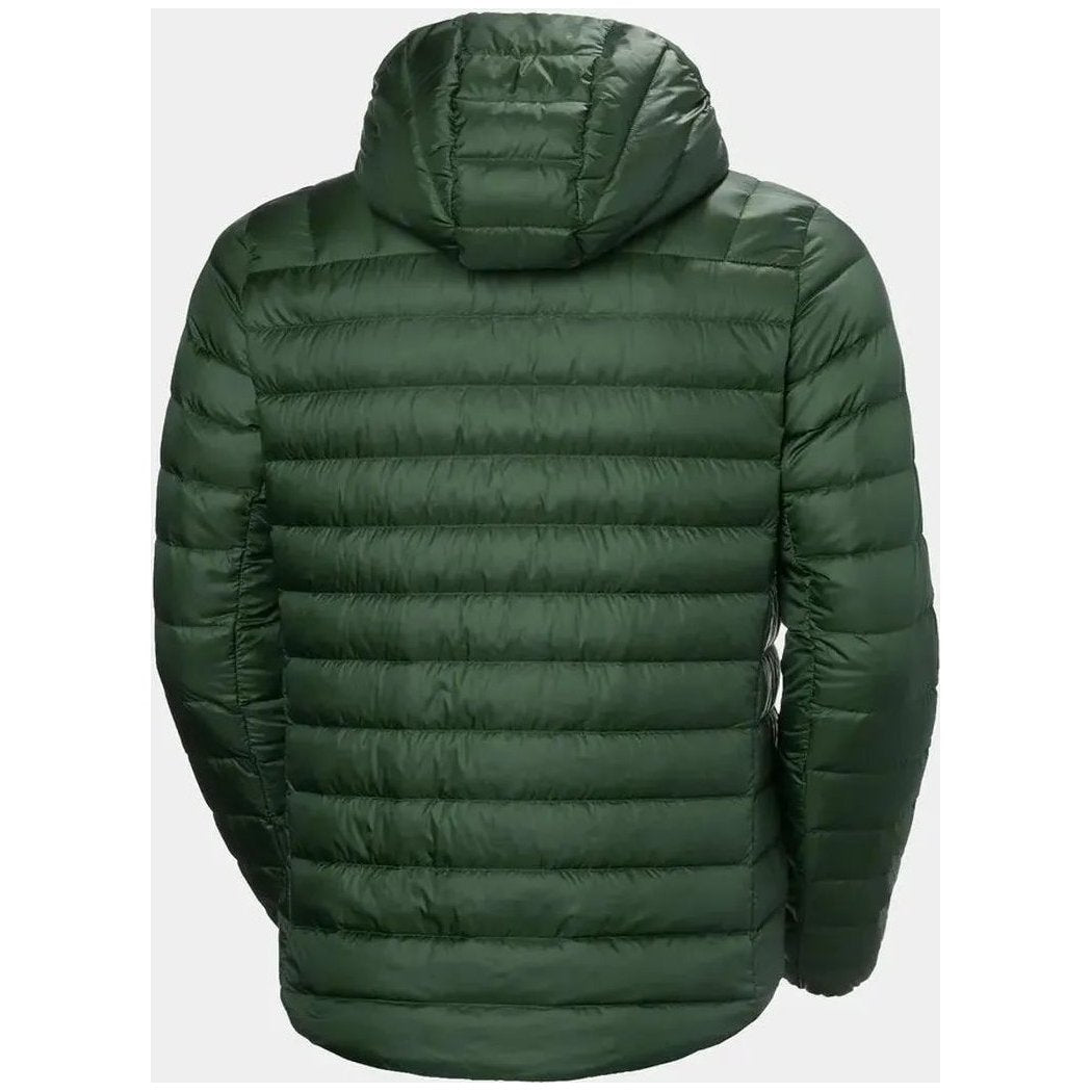 Back view of the Helly Hansen Men's Verglas Hooded Down Jacket 2.0 in Jungle Green with a hood and quilted design against a plain background.