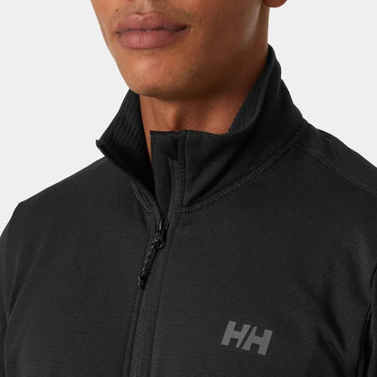 A close-up of the Helly Hansen Men's Versalite Fleece Jacket in Black, showing the high collar and zipper against a plain background.