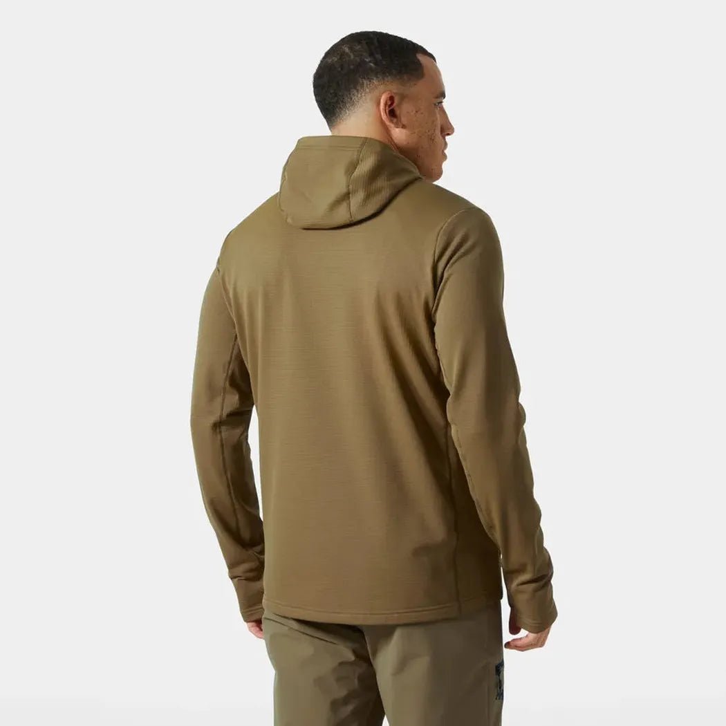 Back view of the Helly Hansen Men's Versalite Hooded Fleece Jacket in Sepia on a model against a plain white background.
