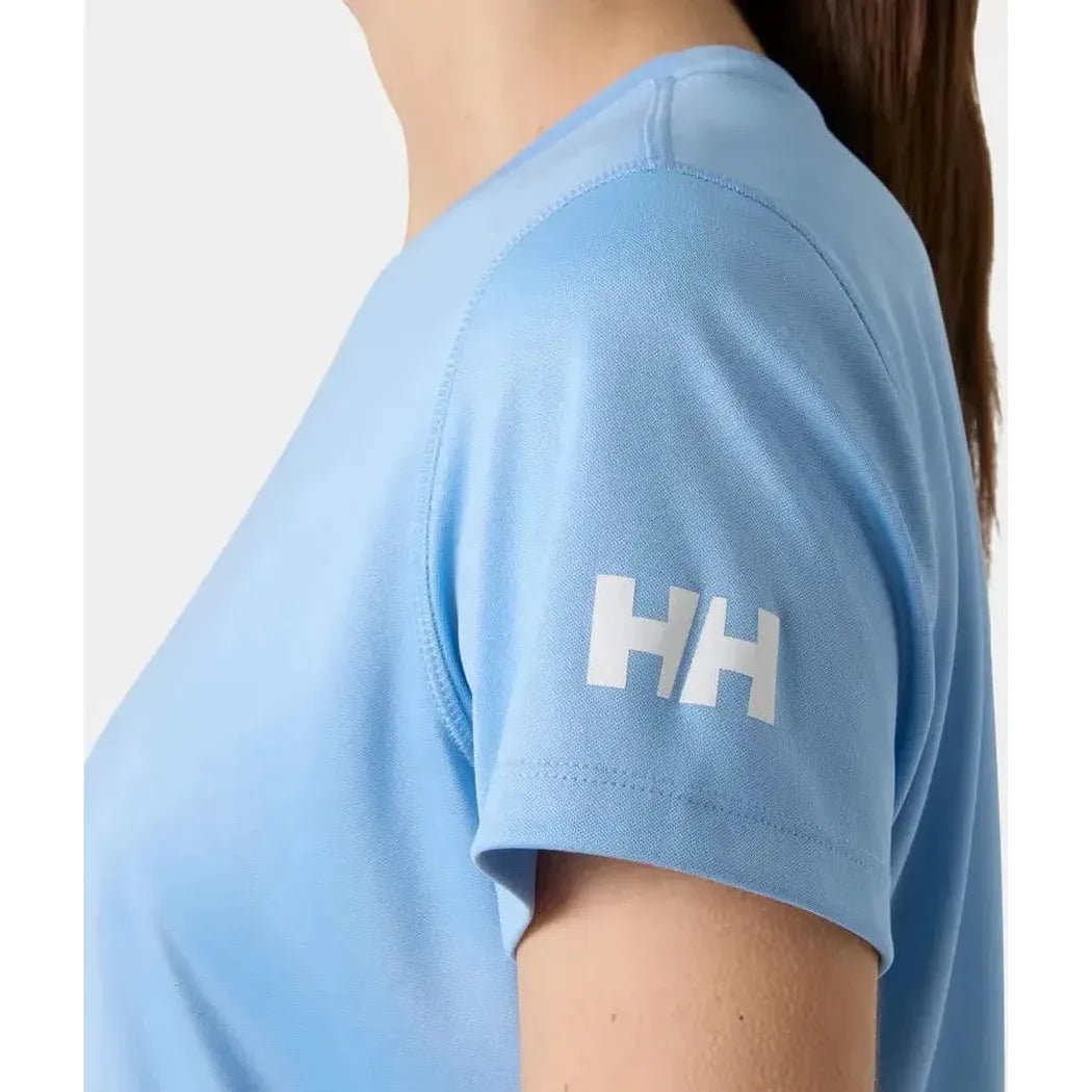 Side view of the Helly Hansen Women's HH Tech T-Shirt 2.0 in Bright Blue showing the HH logo on the sleeve against a white background.