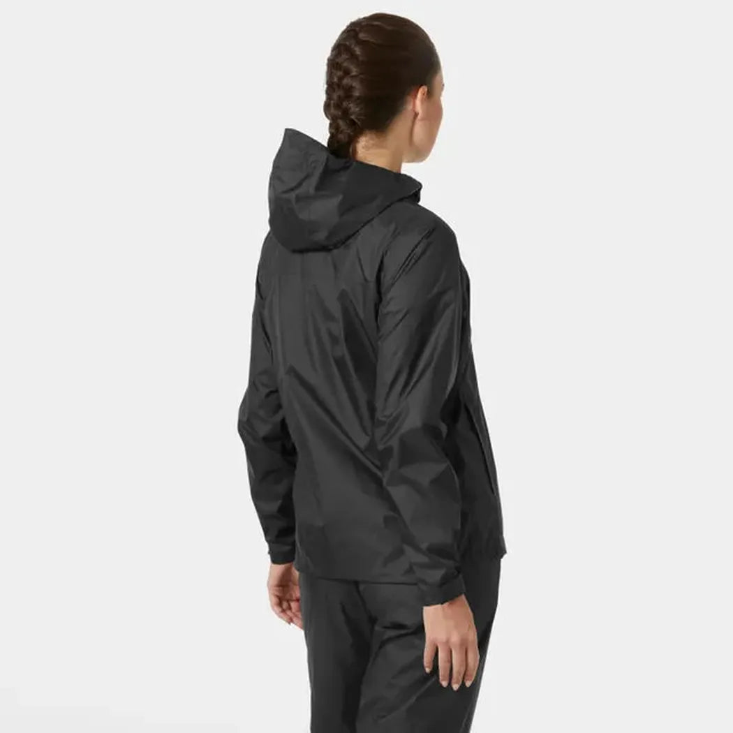 Back view of the Helly Hansen Women's Loke Jacket 2.0 in Black, showing the hood and model wearing it against a plain background.
