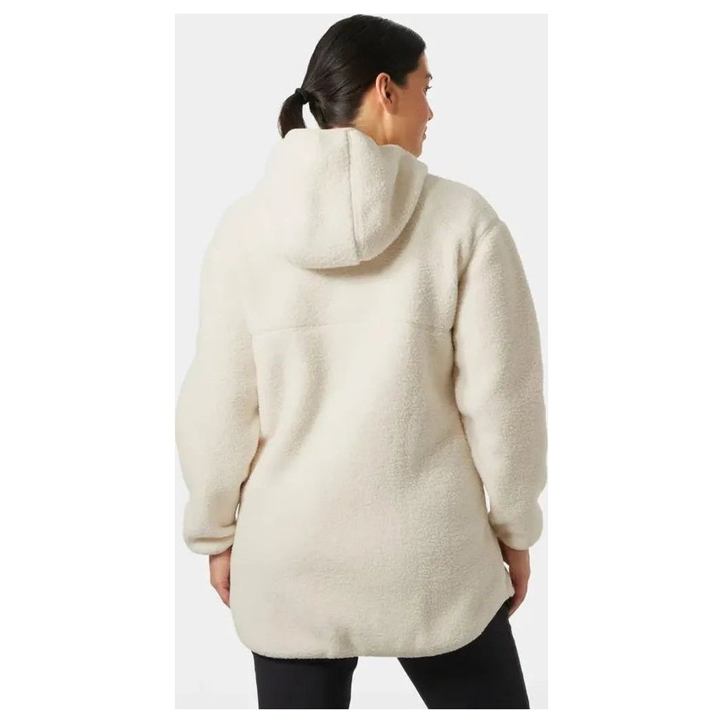 Back view of the Helly Hansen Women's Maud Pile Jacket in Cream showing the hood and long length on a model against a white background.