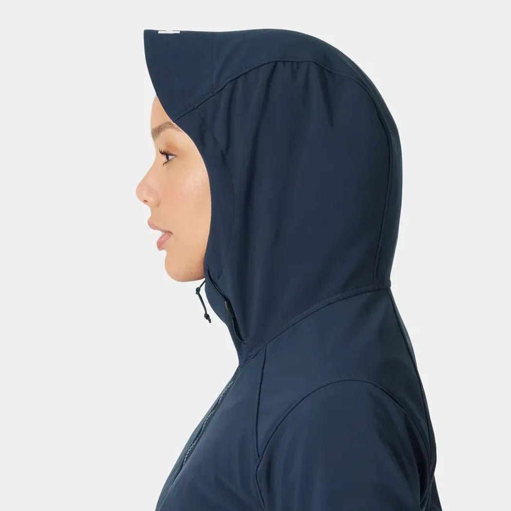 Side view of the Helly Hansen Women's Paramount Hood Softshell Jacket in Navy showing the hood and a model wearing it against a white background.