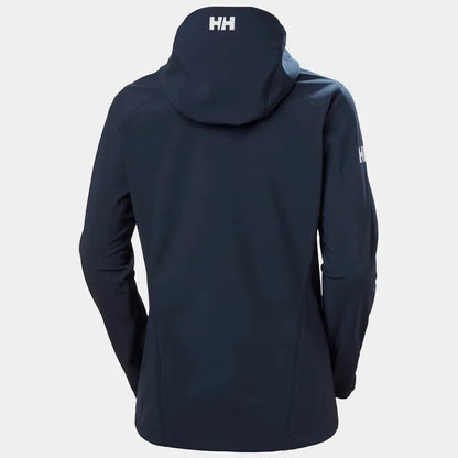 Back view of the Helly Hansen Women's Paramount Hood Softshell Jacket in Navy showing the hood and sleeve logo against a plain background.