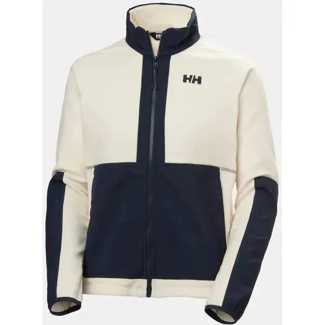 A front view of the Helly Hansen Women’s Rig Fleece Jacket in Cream with a navy panel and zipper, against a white background.