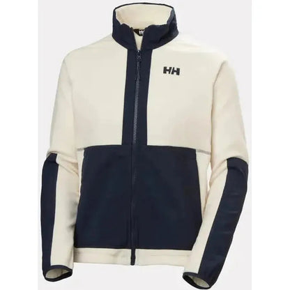 A front view of the Helly Hansen Women’s Rig Fleece Jacket in Cream with a navy panel and zipper, against a white background.