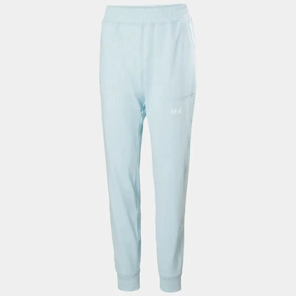 Side view of the Helly Hansen Women's Versalite Fleece Pant in Barely Blue showing the elastic waistband and cuffed ankles against a white background.