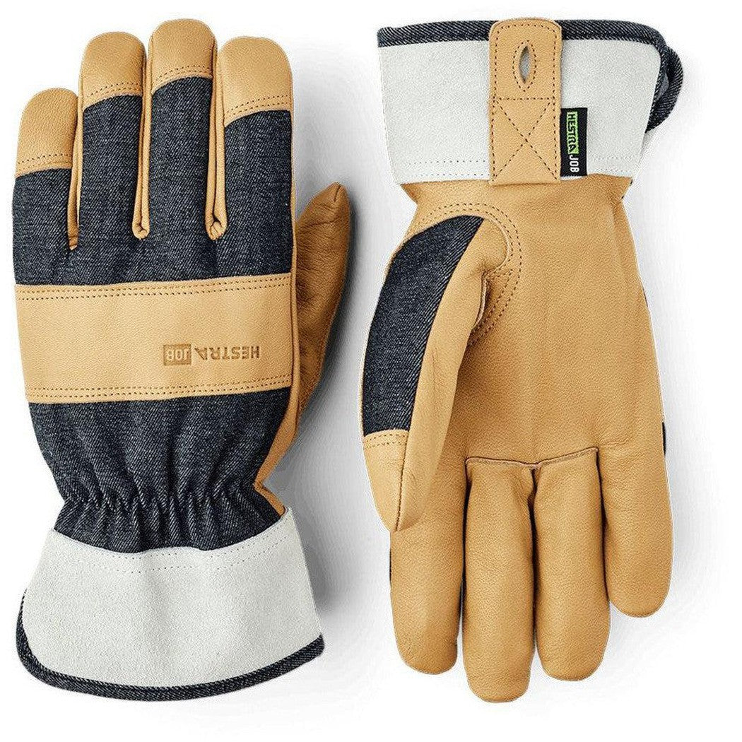 Side view of the Hestra Job Classic Denim gloves in Indigo showing the denim and leather construction against a white background.