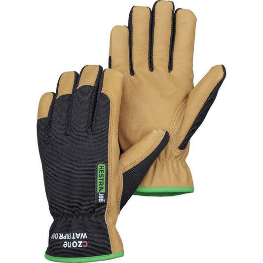 A front and back view of the Hestra Job Kobolt CZone II work gloves in tan with black and green accents against a white background.