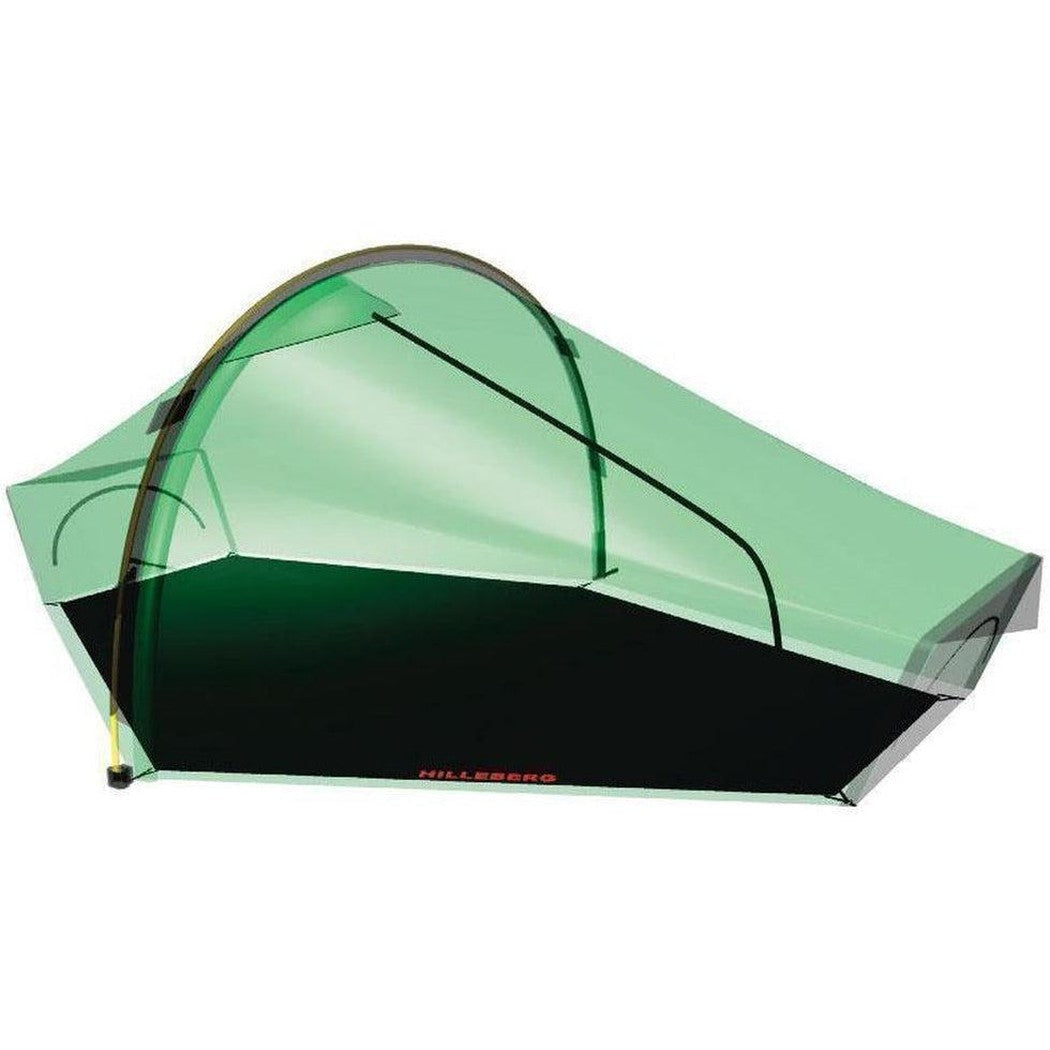 A top-down view of the Hilleberg Akto/Enan Footprint in green with a black floor and red branding.