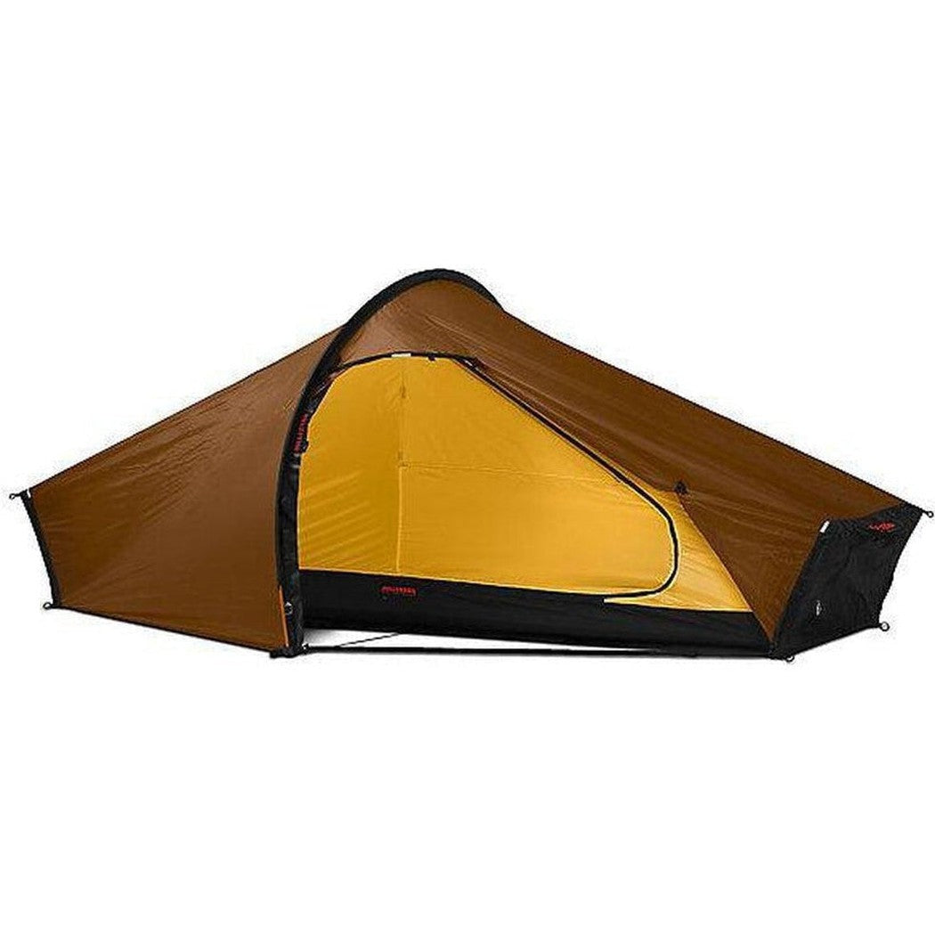 A front view of the Hilleberg Akto tent in Green with a yellow interior and black trim.