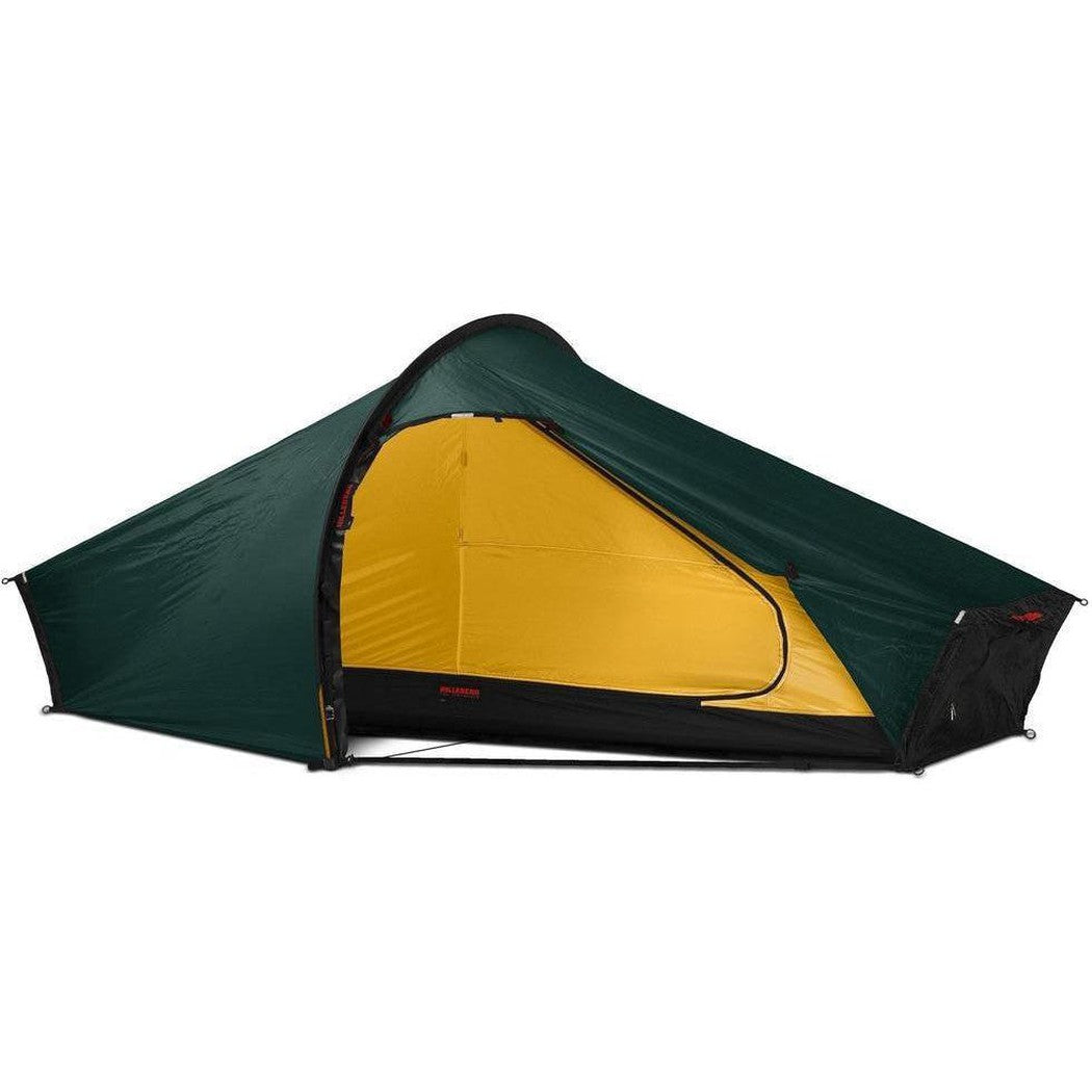 Side view of the Hilleberg Akto green tent showing the yellow interior against a white background.