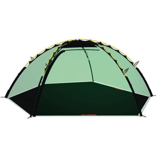 A top-down view of the Hilleberg Allak 2 Footprint tent footprint with a green interior and black floor, displayed against a white background.