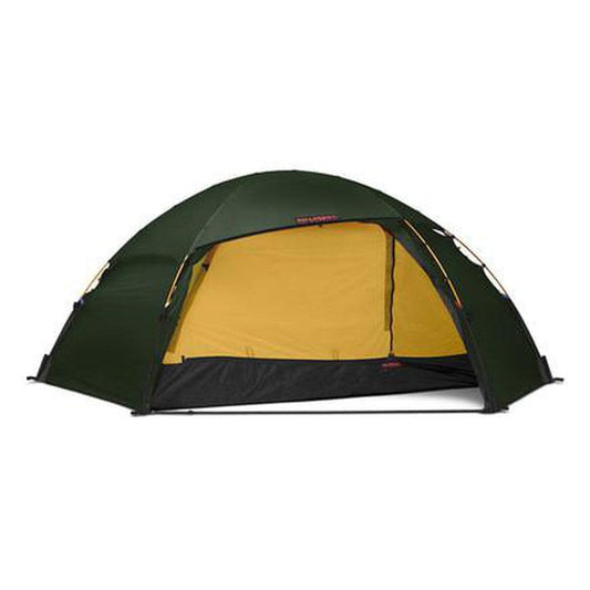 A front view of the Hilleberg Allak 3 tent in Sand color with a yellow interior and black floor, set against a white background.