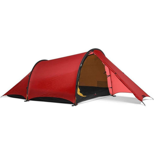 A front view of the Hilleberg Anjan 2 green tent showing the entrance and a white background.