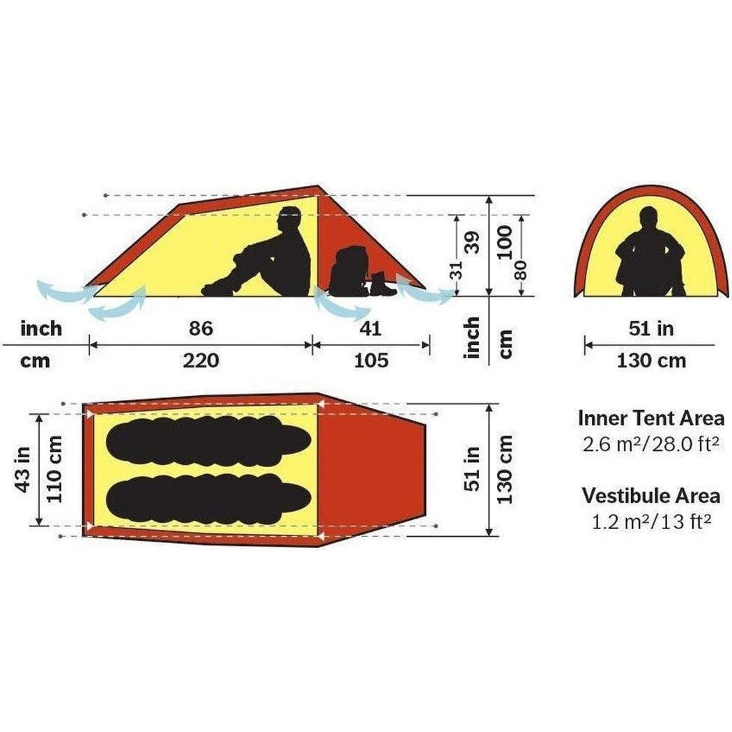 Top and side views of the Hilleberg Anjan 2 green tent showing its dimensions and inner/vestibule areas.