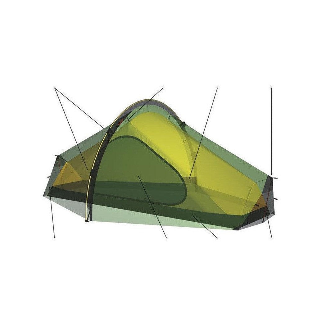 A side view of the Hilleberg Enan tent in Sand color showing its mesh and pole structure against a white background.