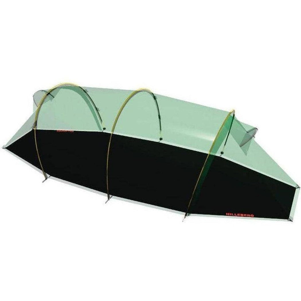 A top-down view of the Hilleberg Kaitum 2 Footprint with a black base and light green canopy, showing its arched support poles against a white background.