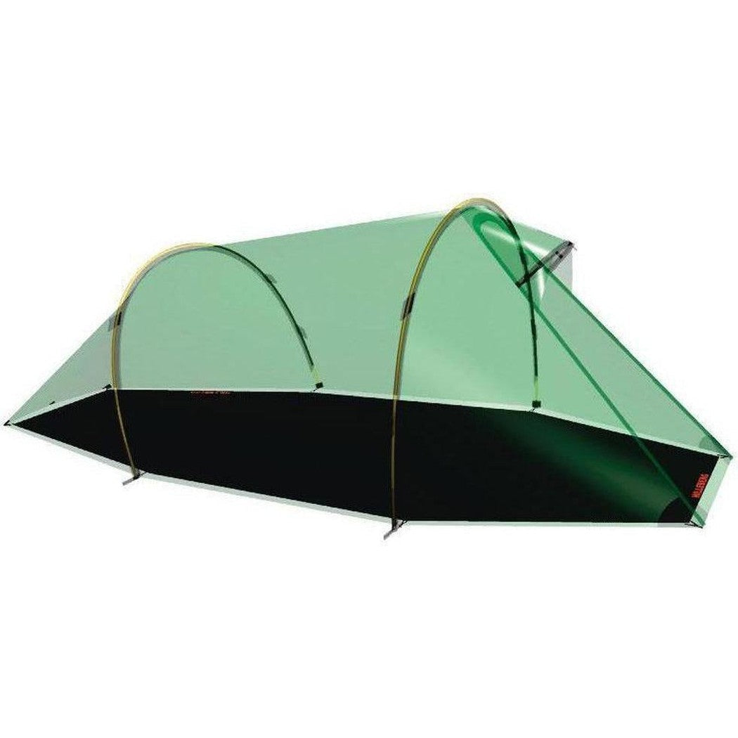 A top-down view of the Hilleberg Nallo 2 Footprint in green, showing its arched poles and black interior against a white background.