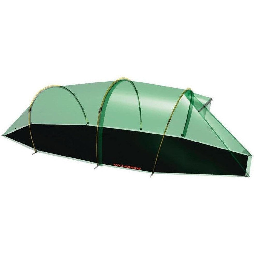 A top-down view of the Hilleberg Nallo 2 GT Footprint tent footprint with a green top and black bottom, showing its arched support poles against a white background.