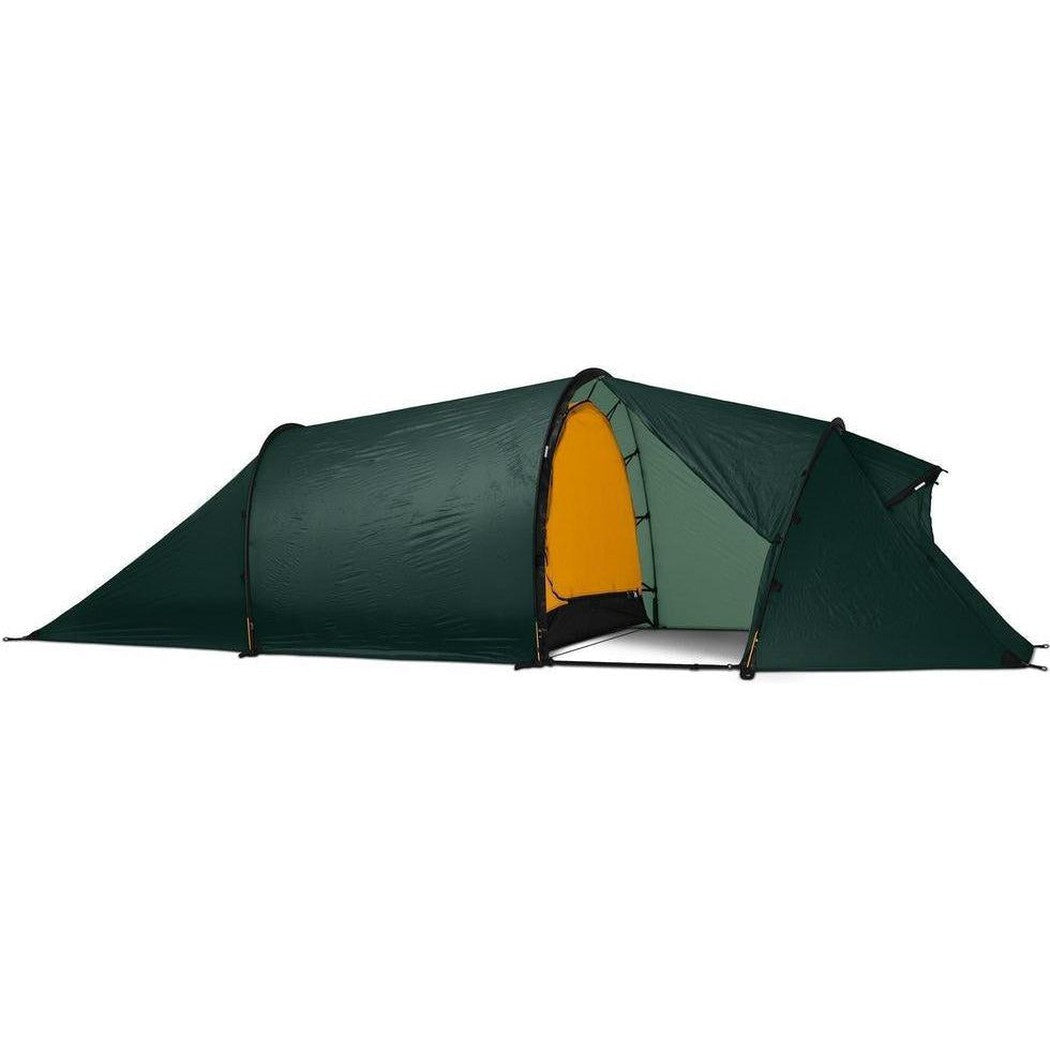 Side view of the Hilleberg Nallo 2 GT green tent showing the entrance and interior against a white background.