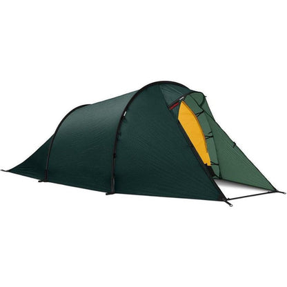 Side view of the Hilleberg Nallo 2 green tent with a yellow interior visible against a white background.