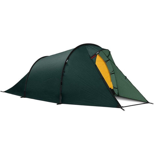 Side view of the Hilleberg Nallo 2 green tent with a yellow interior visible against a white background.