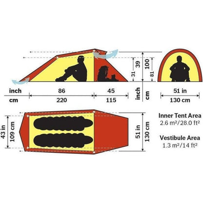 The Hilleberg Nallo 2 tent photo shows a top view, side view, and front view with dimensions, a person sitting inside, and a green color.