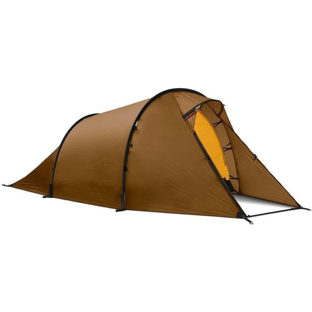 A side view of the Hilleberg Nallo 2 tent in Green with a yellow interior against a white background.