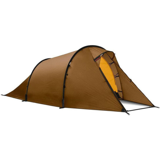 A side view of the Hilleberg Nallo 3 in Green showing the yellow interior against a white background.