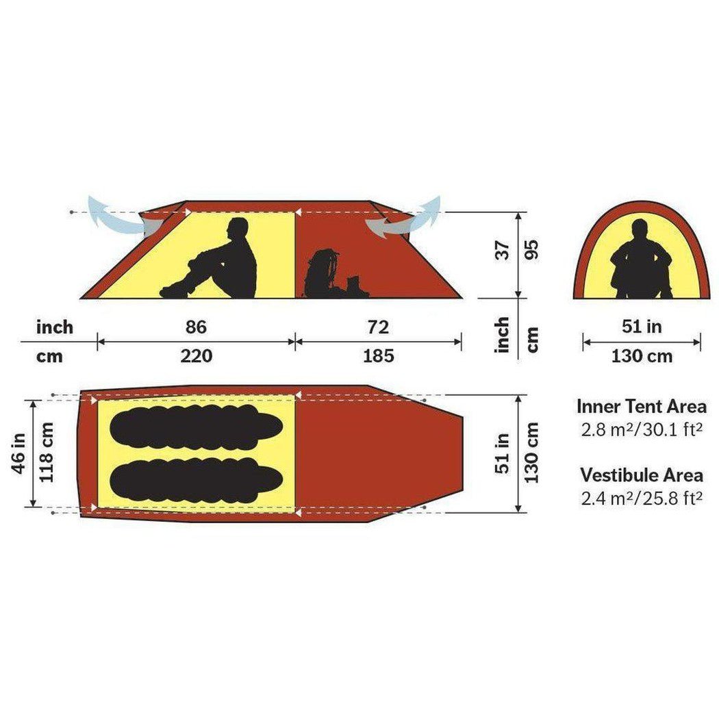 Top and bottom views of the Hilleberg Nammatj 2 GT green tent showing dimensions and inner/vestibule areas.