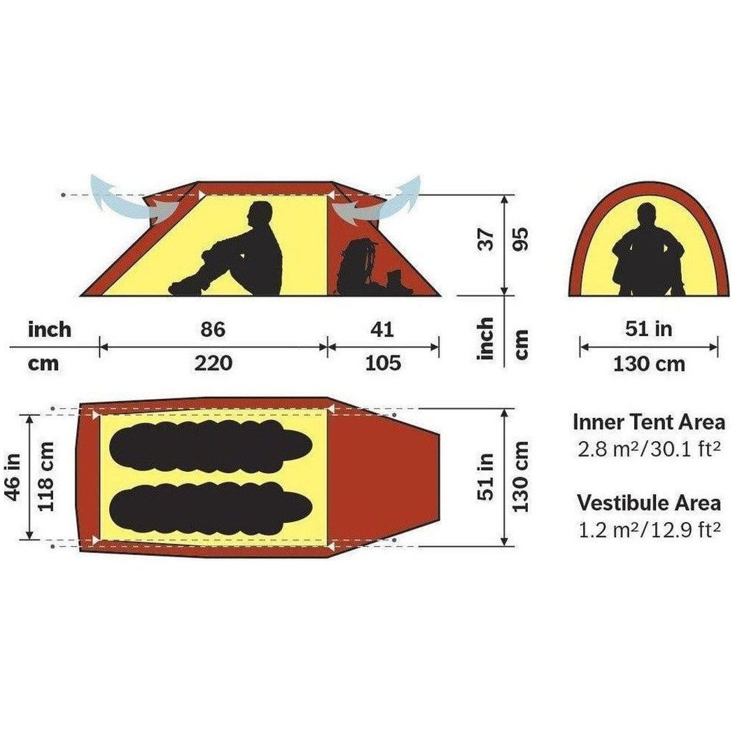 Top and side views of the Hilleberg Nammatj 2 green tent showing its inner and vestibule areas.