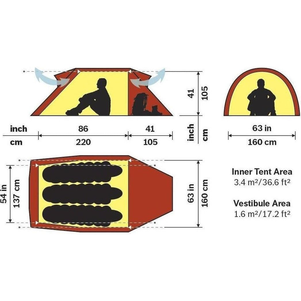 Top and bottom views of the Hilleberg Nammatj 3 green tent showing its dimensions and inner/vestibule areas.