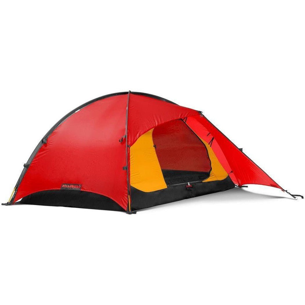 Side view of the Hilleberg Rogen 2 red tent showing the yellow mesh entrance against a white background.