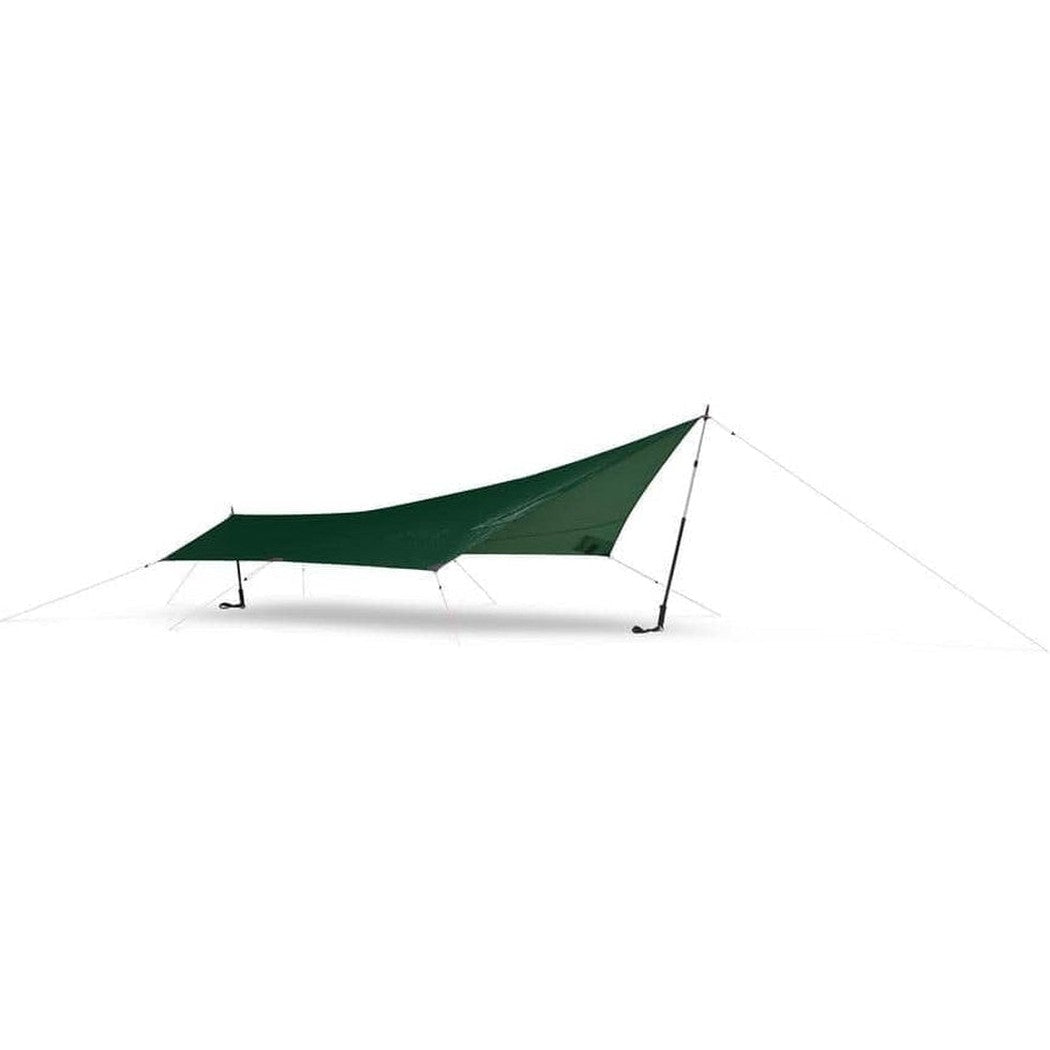 A green Hilleberg Tarp 5 is shown from a side angle against a white background.