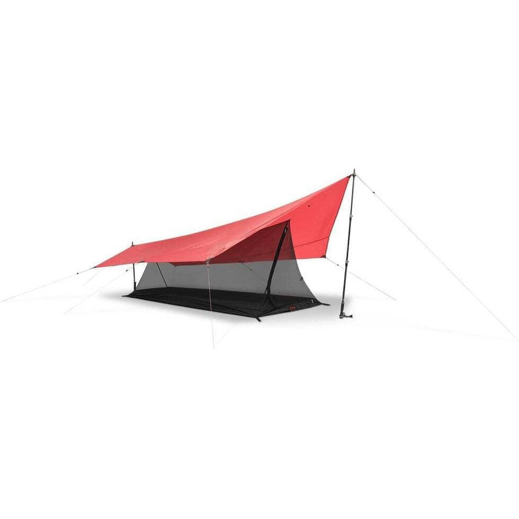A green Hilleberg Tarp 5 is set up with a black shelter underneath, viewed from a front angle against a white background.
