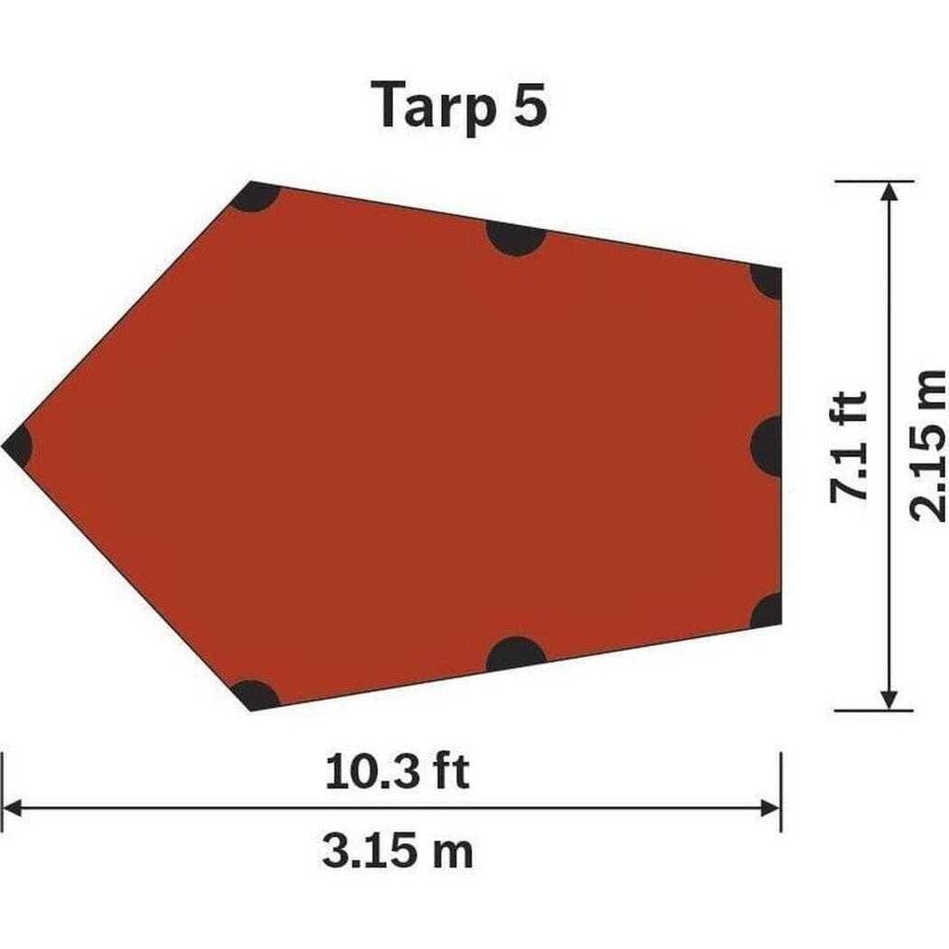 A top-down view of the Hilleberg Tarp 5 in Green showing its dimensions and shape.