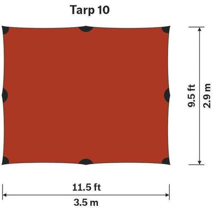The photo shows a green Hilleberg Tarp UL laid flat with dimensions labeled, viewed from above on a white background.